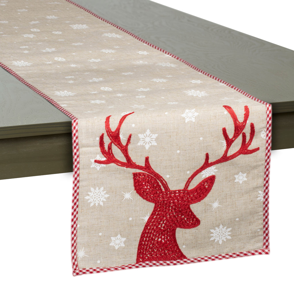Red Reindeer Embroidered Table Runner, 14x72"