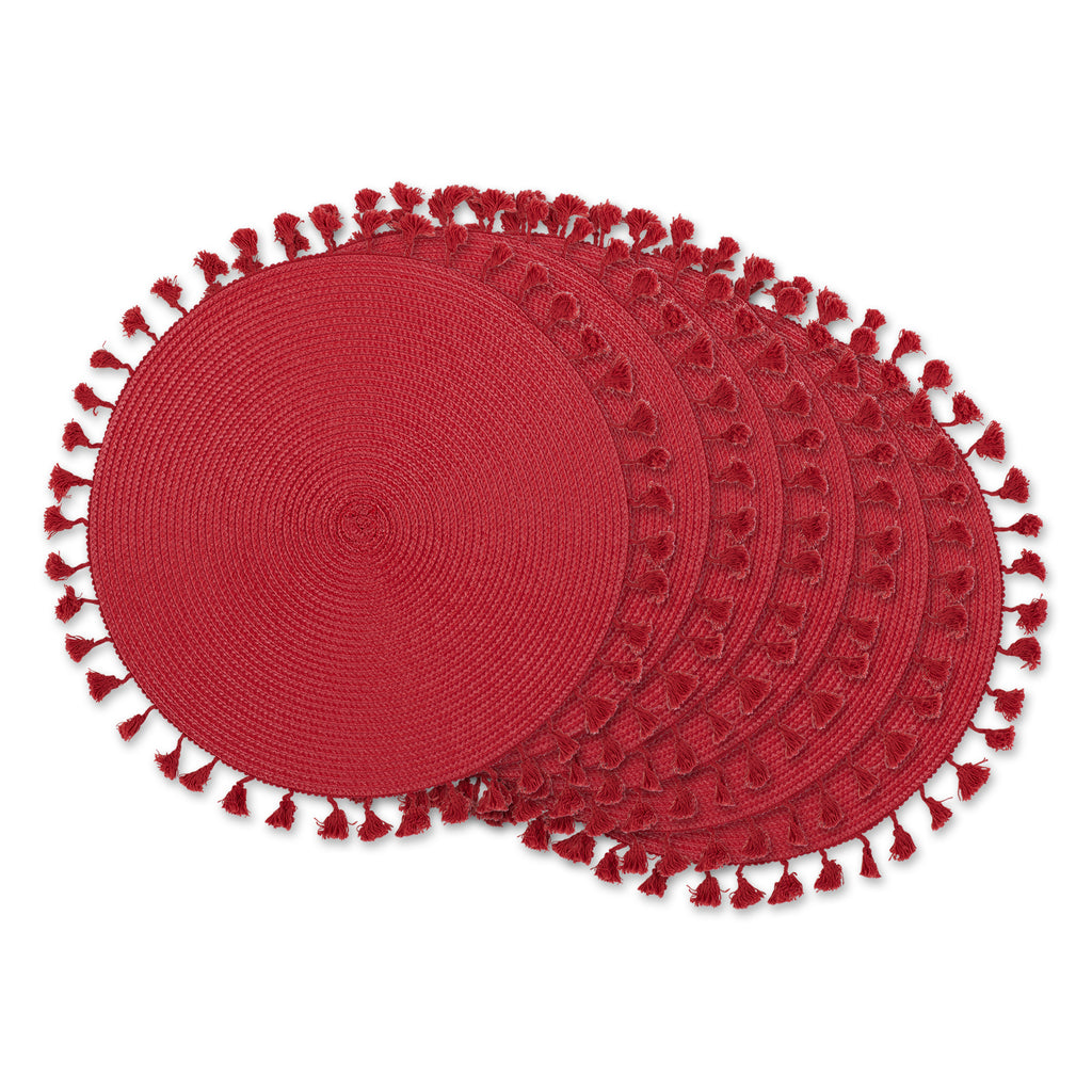 Hot Red Tassel Fringe Pp Woven Round Placemat Set Of 6