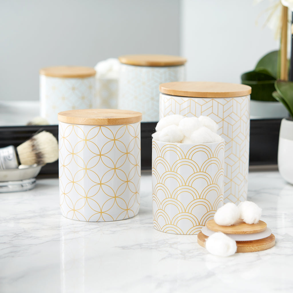 White And Gold Mixed Print Ceramic Canister set of 3