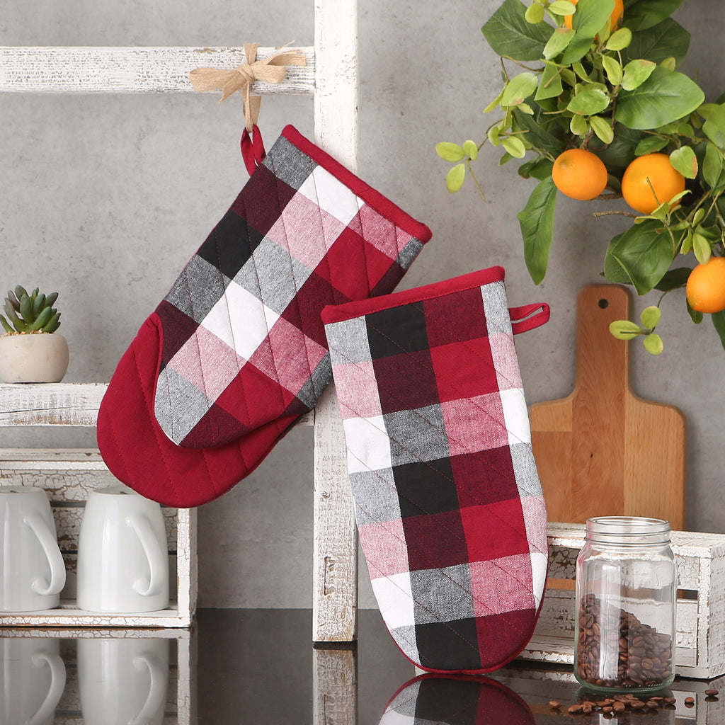 Cardinal Red Tri Color Check Oven Mitt Set of 2