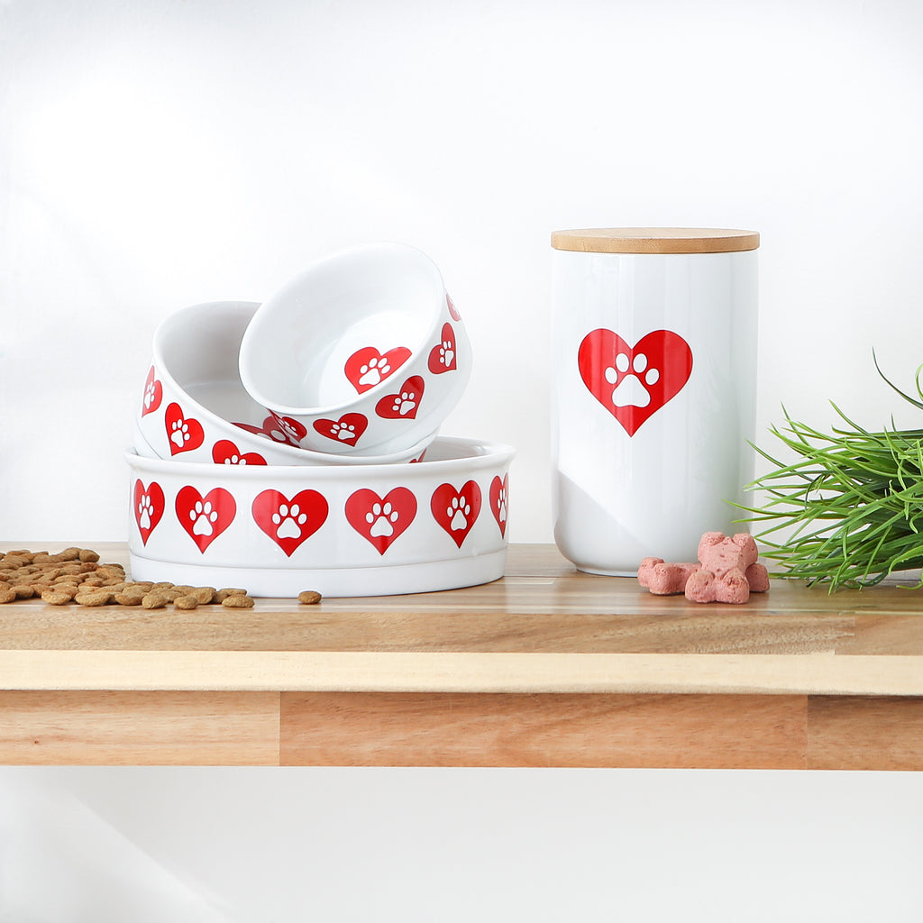 Pet Bowl Heart Paw Small 4.25Dx2H Set of 2