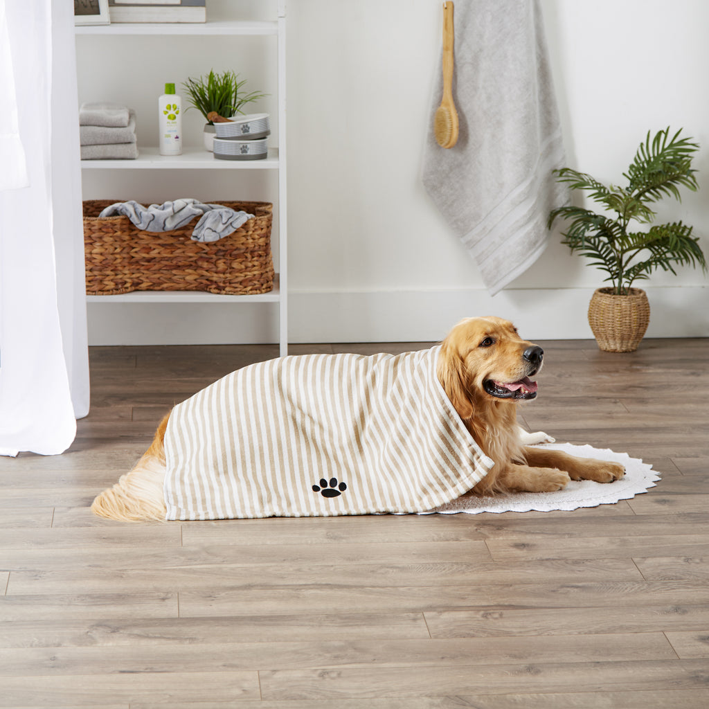 Taupe Stripe Embroidered Paw Pet Towel