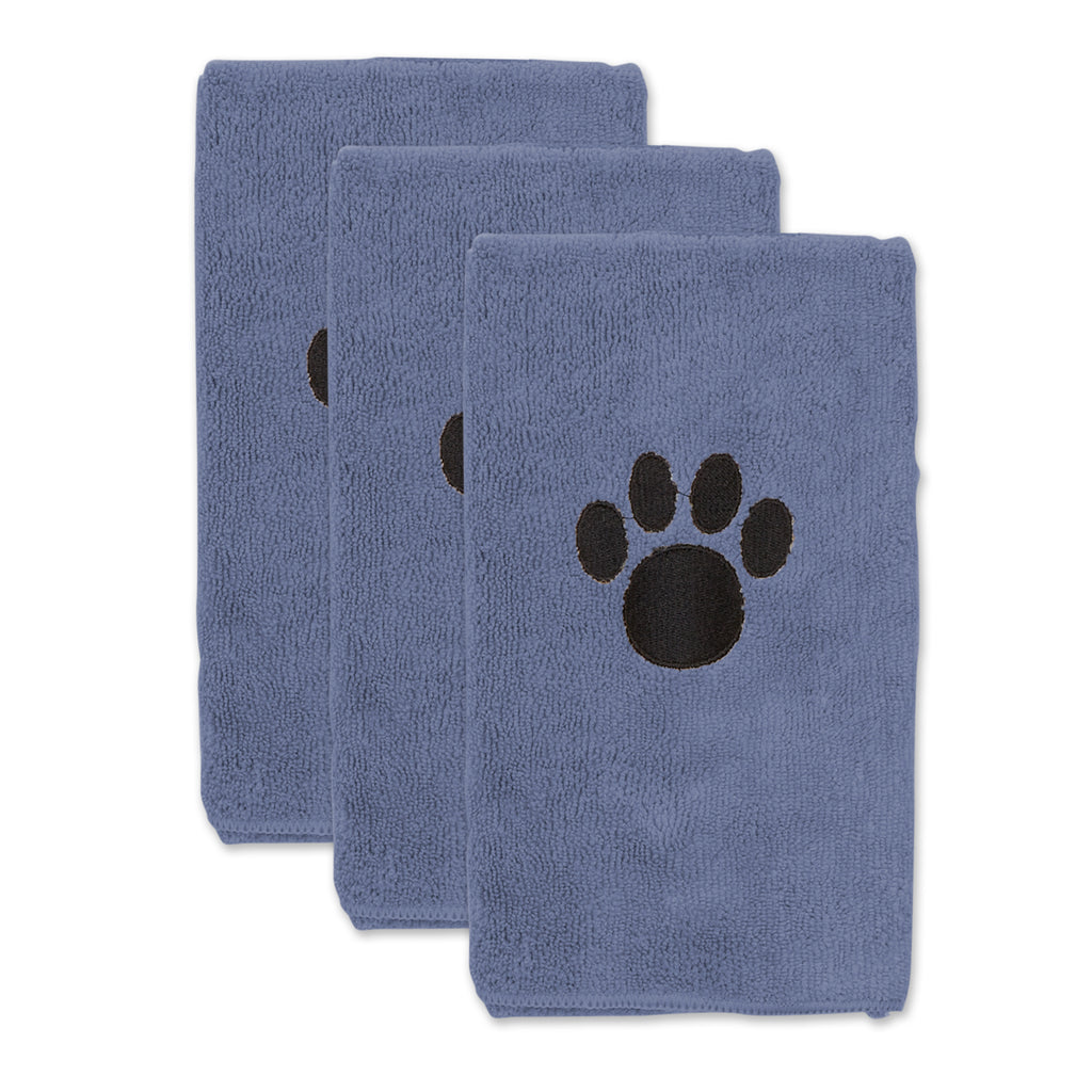 Stonewash Blue Embroidered Paw Small Pet Towel Set of 3