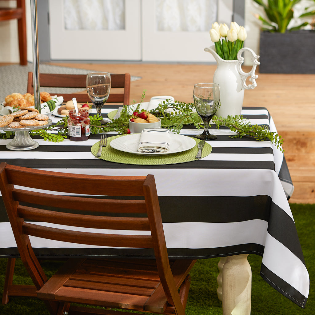 Black Cabana Stripe Print Outdoor Tablecloth 60 Round