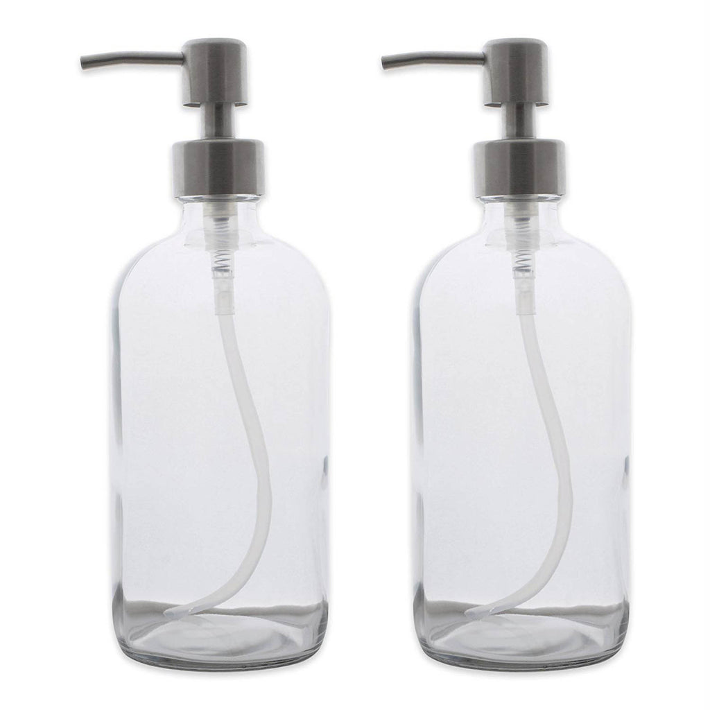 2 Pc 16oz Clear Glass Bottle Set With Stainless Pump Tops