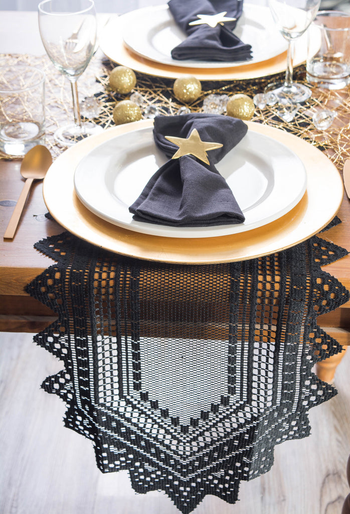 Black Nordic Lace Table Runner, 14x72"