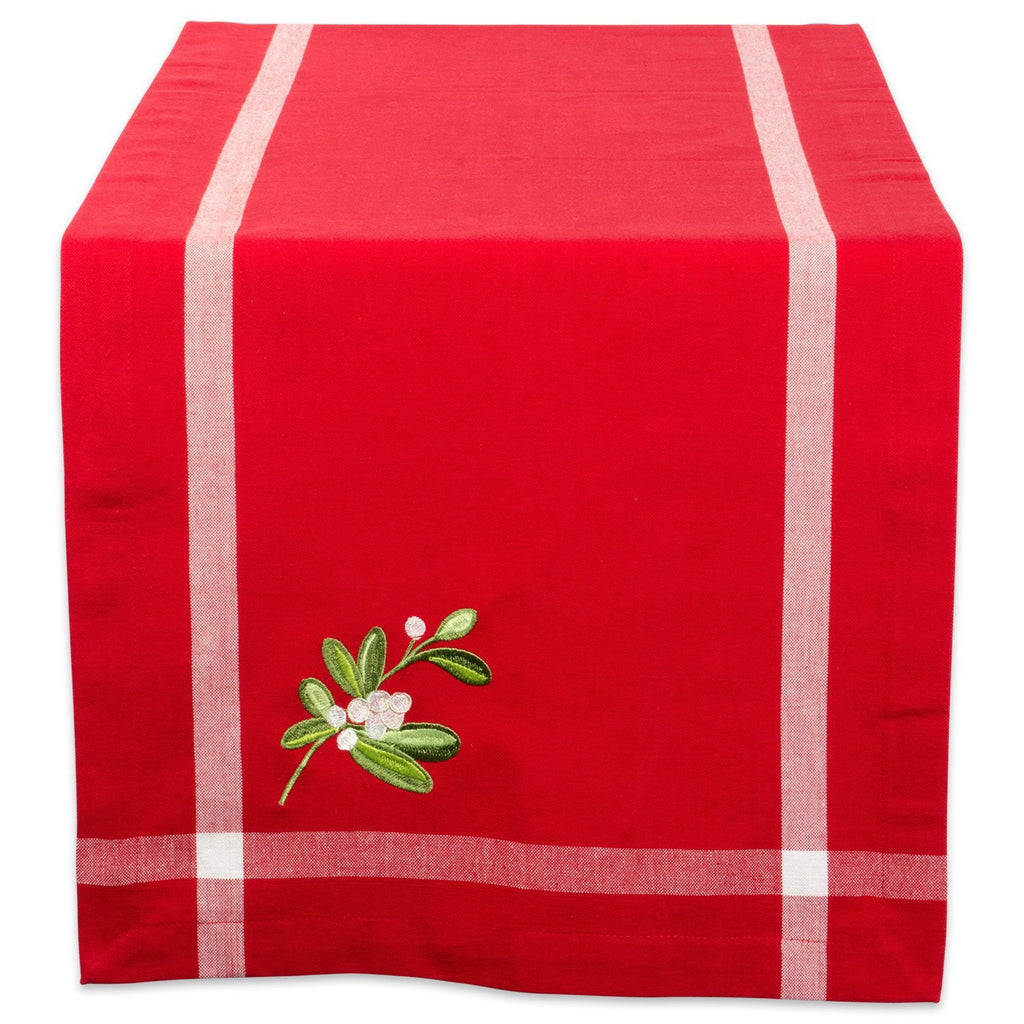 Red Embroidered Mistletoe Corner With Border Table Runner 14x108