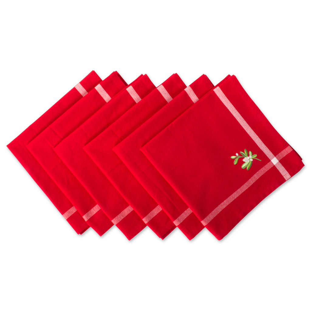 Red Embroidered Mistletoe Corner With Border Napkin Set/6