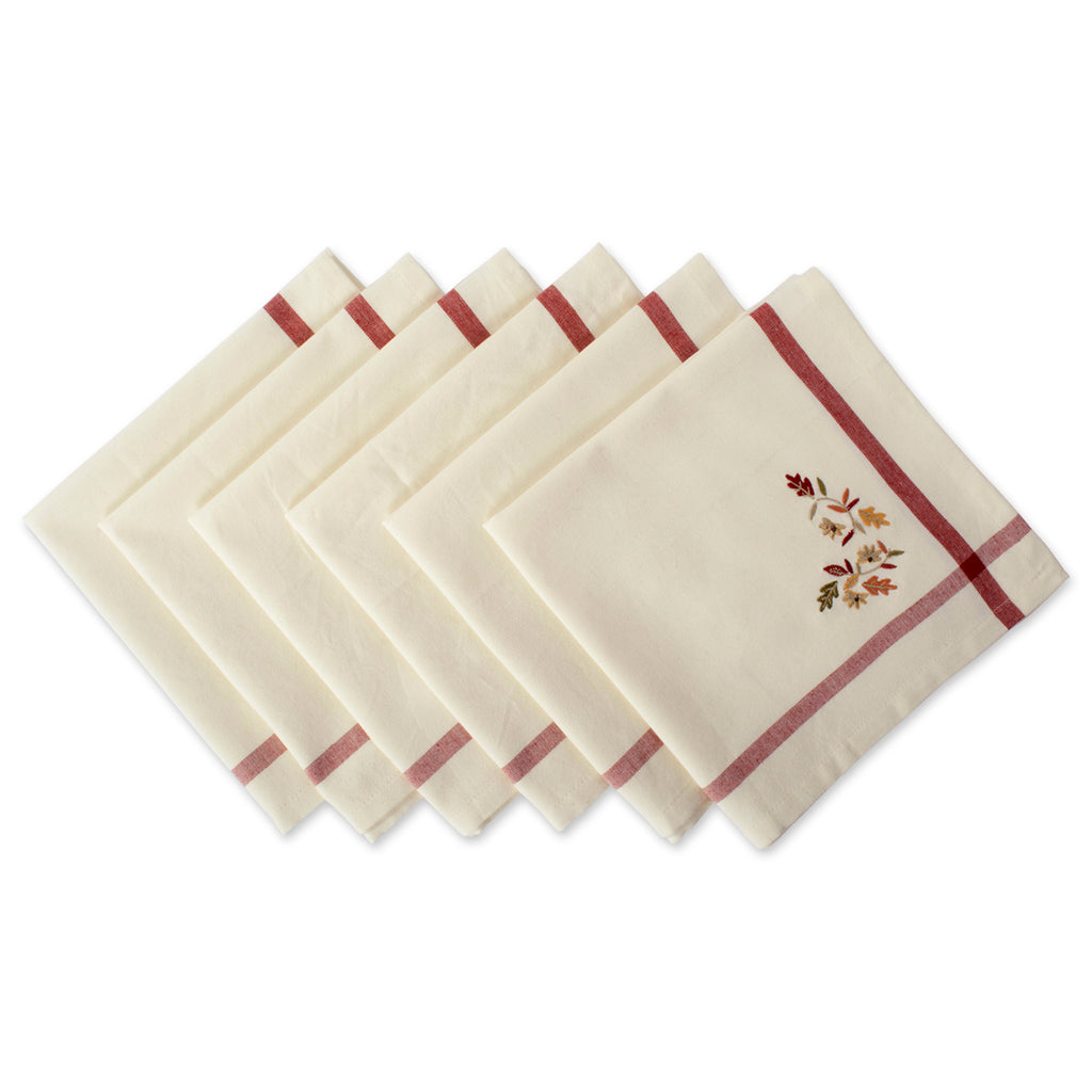Natural Embroidered Fall Leaves Bordered Napkin Set/6