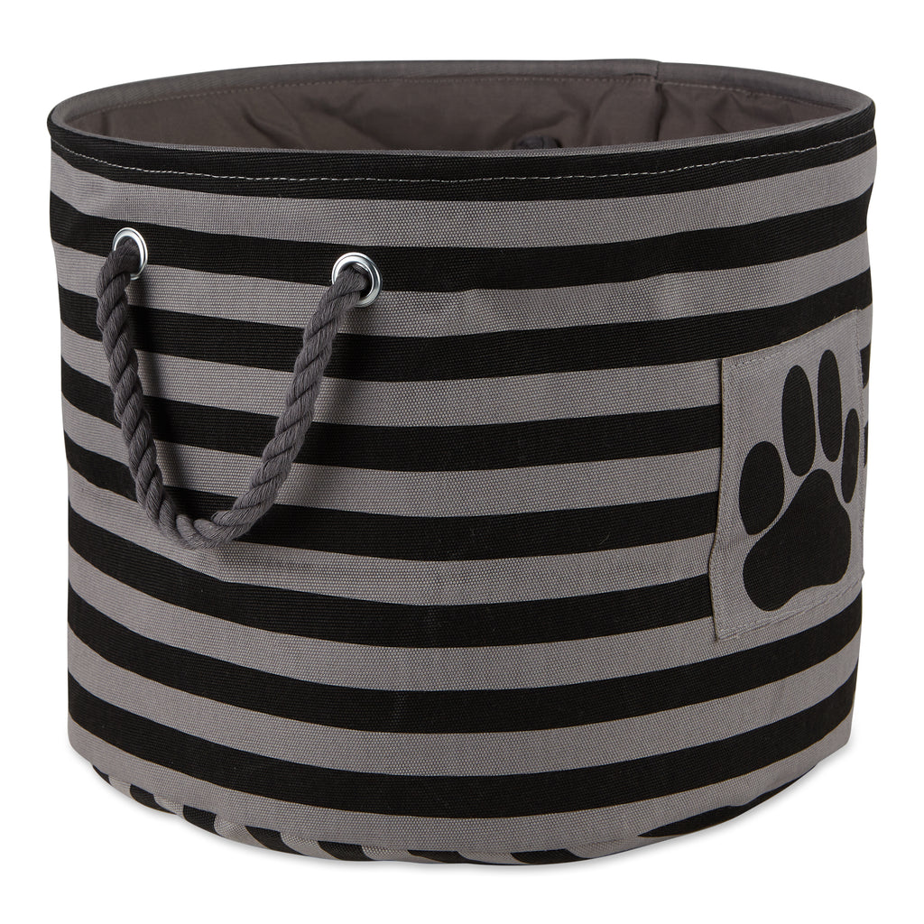 Polyester Pet Bin Stripe With Paw Patch Black Round Medium 12X15X15