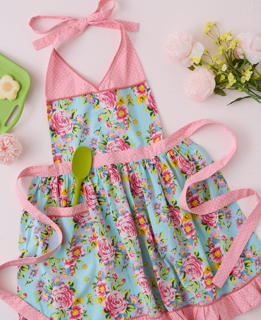 Blue Floral & Pink Polka Dot Vintage Apron