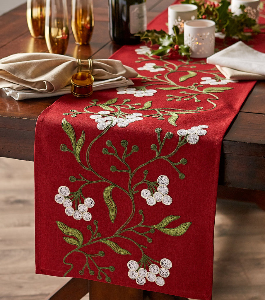 Mistlletoe Embroidered Table Runner - 14 X 70