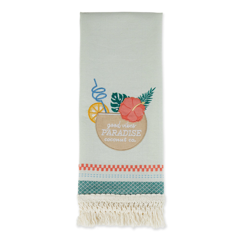 Paradise Coconut Drink Embellished Dishtowel