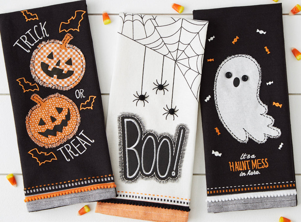 Trick Or Treat Pumpkins Embellished Dishtowel