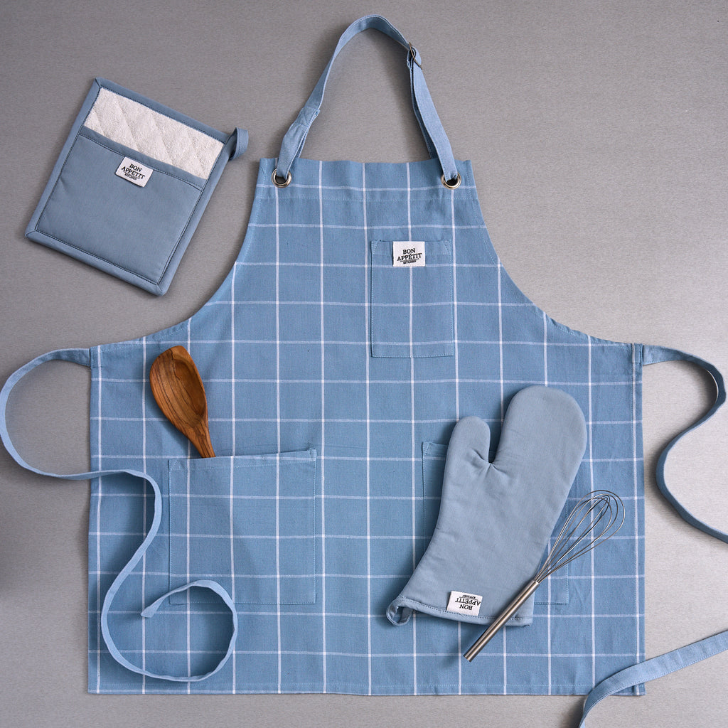 Dusty Blue Apron, Oven Mitt & Potholder Set of 3