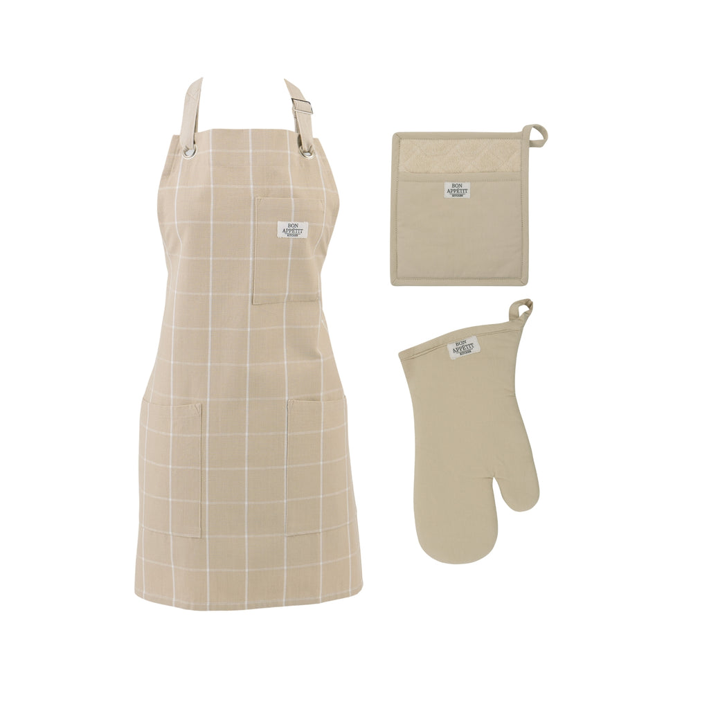 Feather Gray Apron, Oven Mitt & Potholder Set of 3