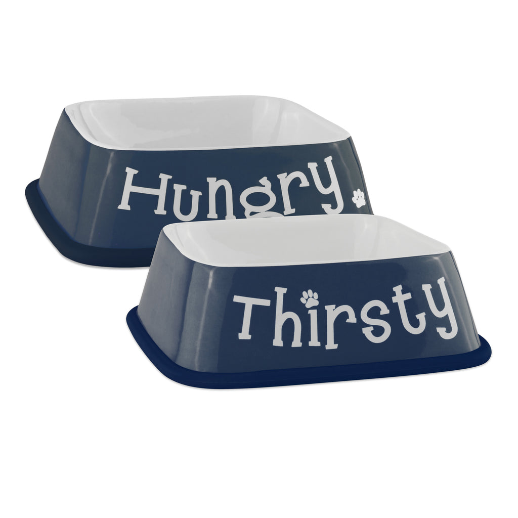 Pet Bowl Hungry/Thirsty Nautical Blue Square Set/2