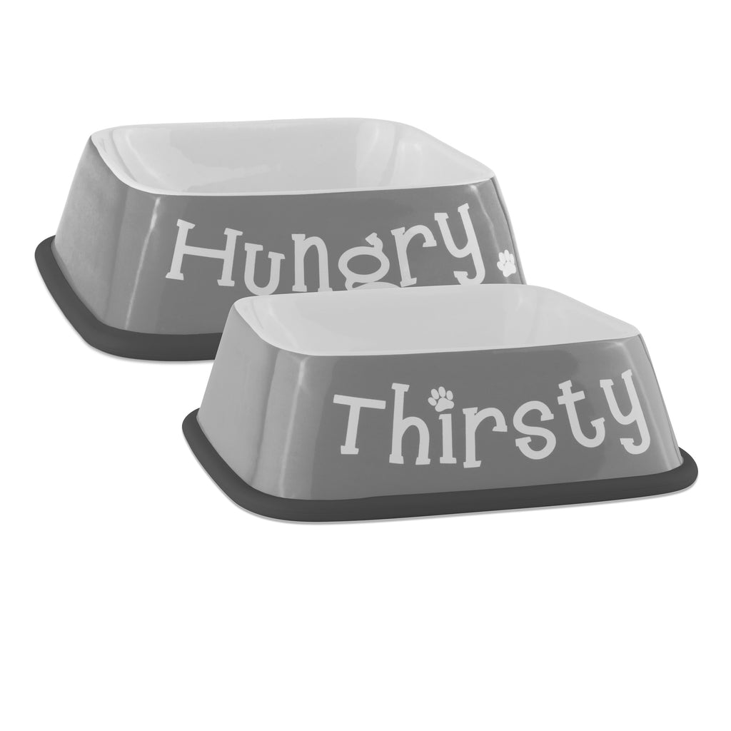 Pet Bowl Hungry/Thirsty Gray Square Set/2