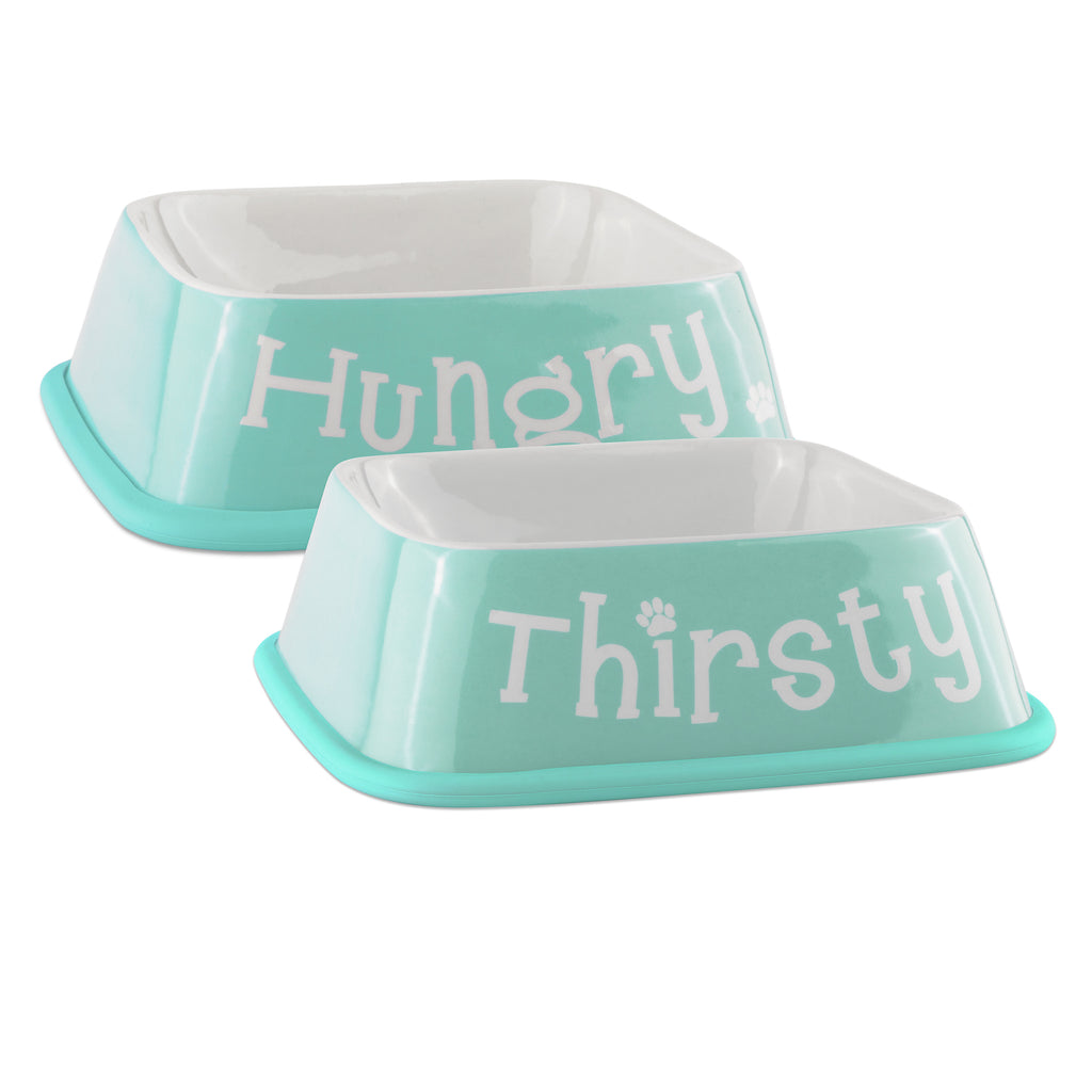 Pet Bowl Hungry/Thirsty Aqua Square Set/2