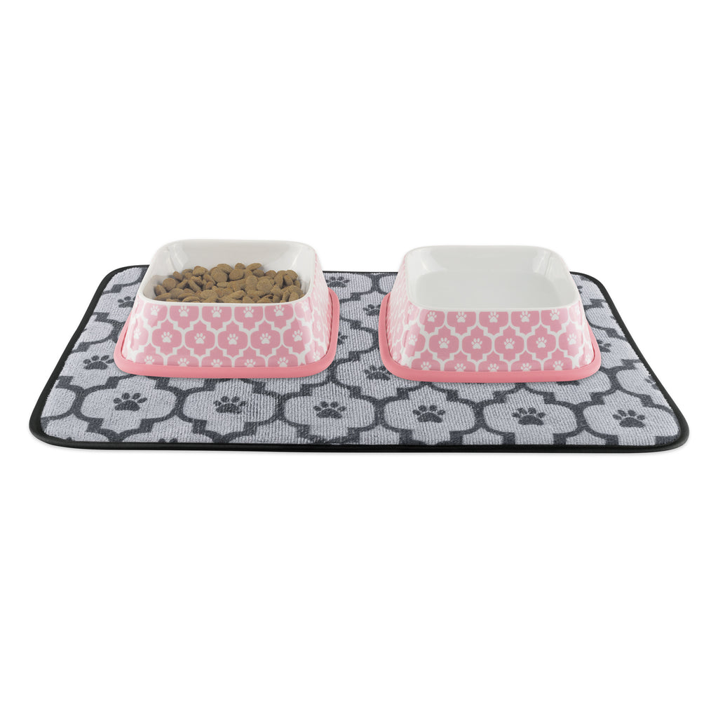 DII Pet Bowl Square Paw Lattice Pink Sorbet Set of 2