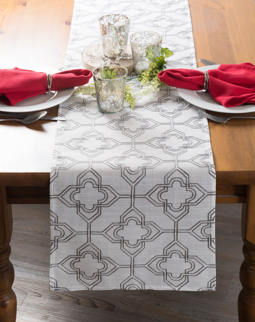 DII Off White Base Embroidered Lattice Table Runner, 14x70"