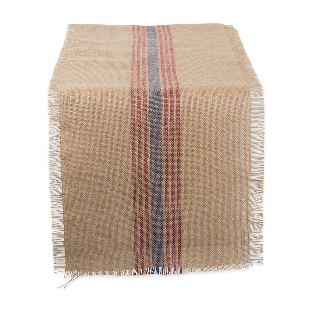French Blue / Barn Red Middle Stripe Burlap Table Runner 14x108