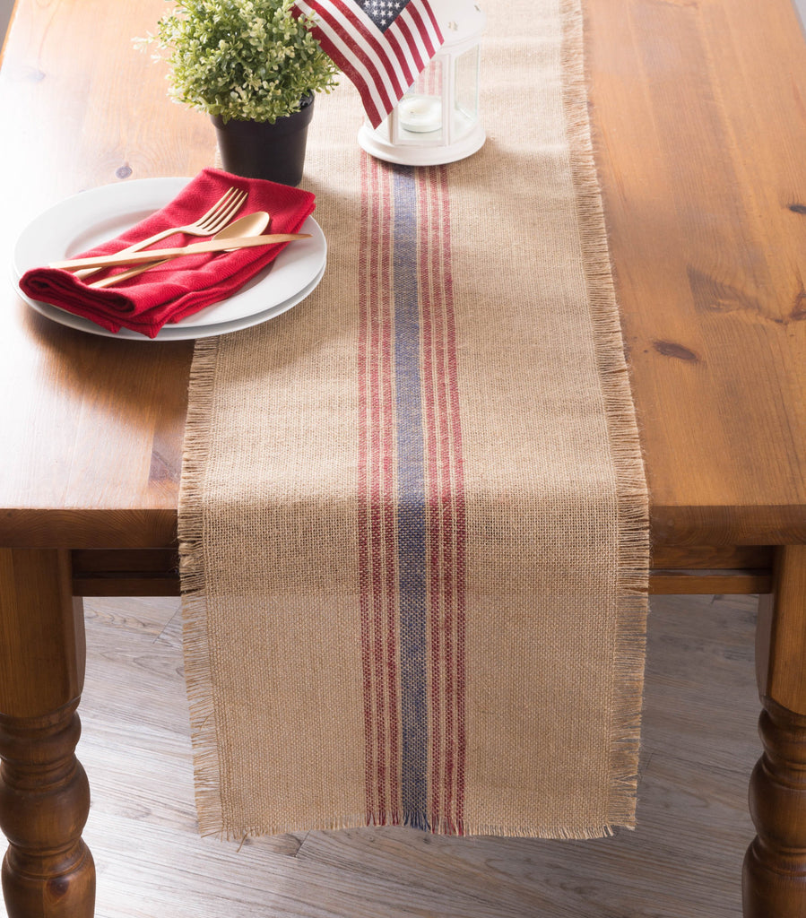 DII French Blue / Barn Red Middle Stripe Burlap Table Runner