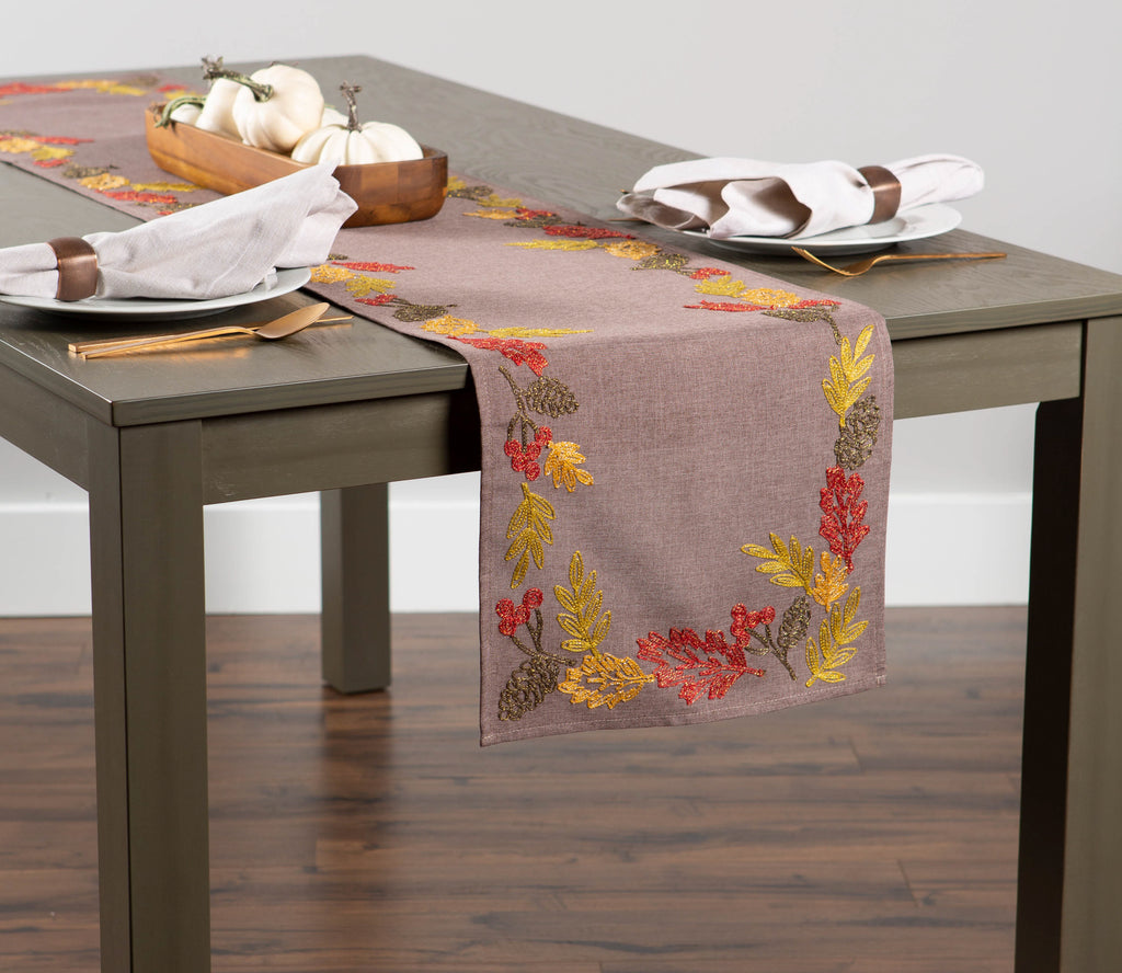 Shimmering Leaves Table Embroidered Runner, 14x70"