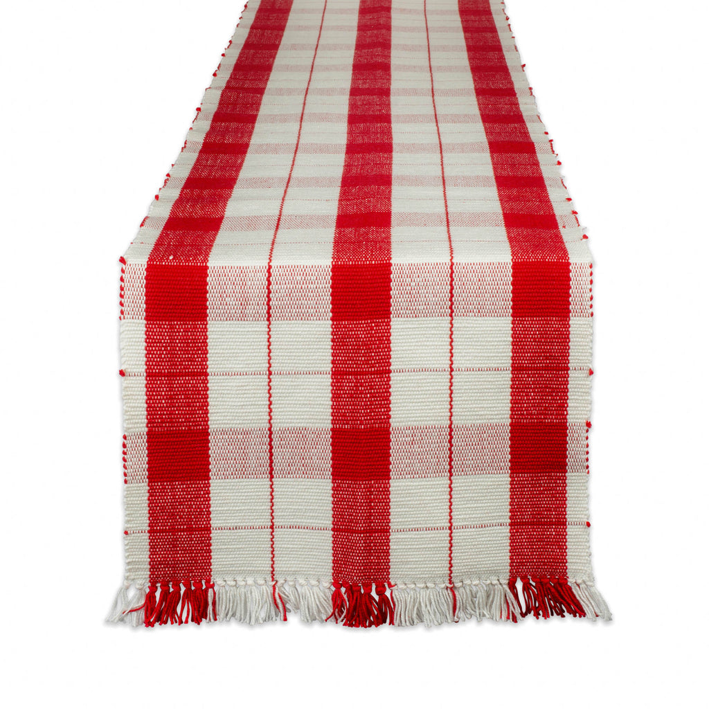 Red Tinsel Plaid Fringed Table Runner 13x72