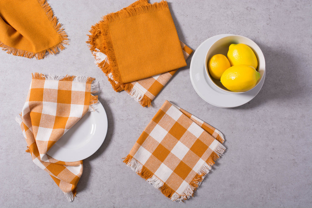 Pumpkin Spice Heavyweight Check Fringed Table Set
