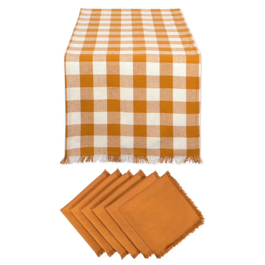 Pumpkin Spice Heavyweight Check Fringed Table Set