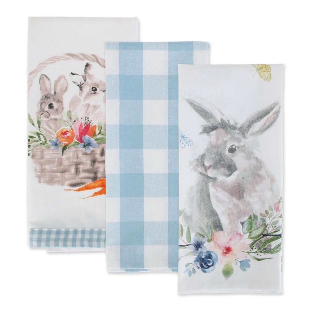 Floral Bunnies Printed Dishtowel set of 3
