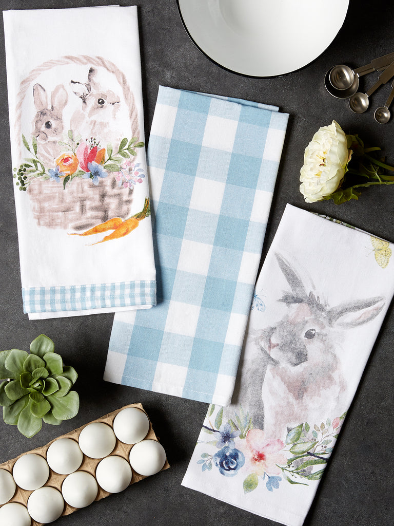 Floral Bunnies Printed Dishtowel set of 3