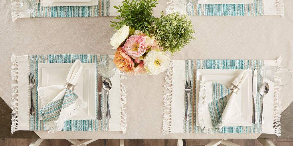 Teal Blue Striped Fringed Placemat set of 6