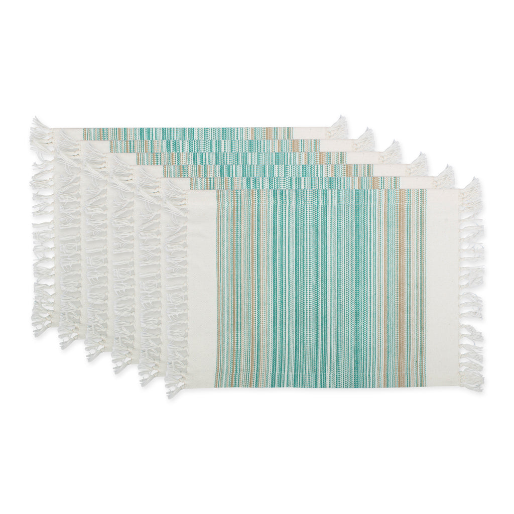 Teal Blue Striped Fringed Placemat set of 6