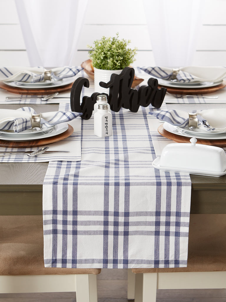 French Blue Farm To Table Check Table Runner 14X108