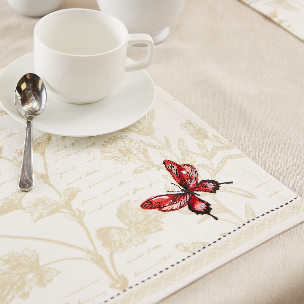 Botanical Butterfly Embroidered Placemat Set of 6