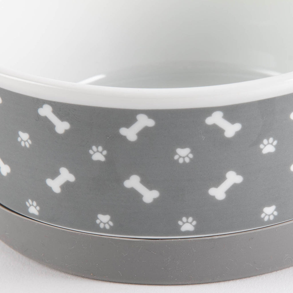 Pet Bowl Tossed Bone & Paw Print Gray Medium 6Dx2H Set of 2