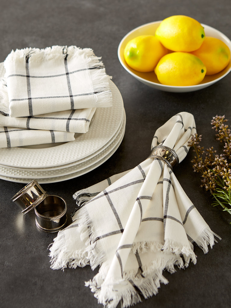 Black Check Fringed Napkin Set of 6