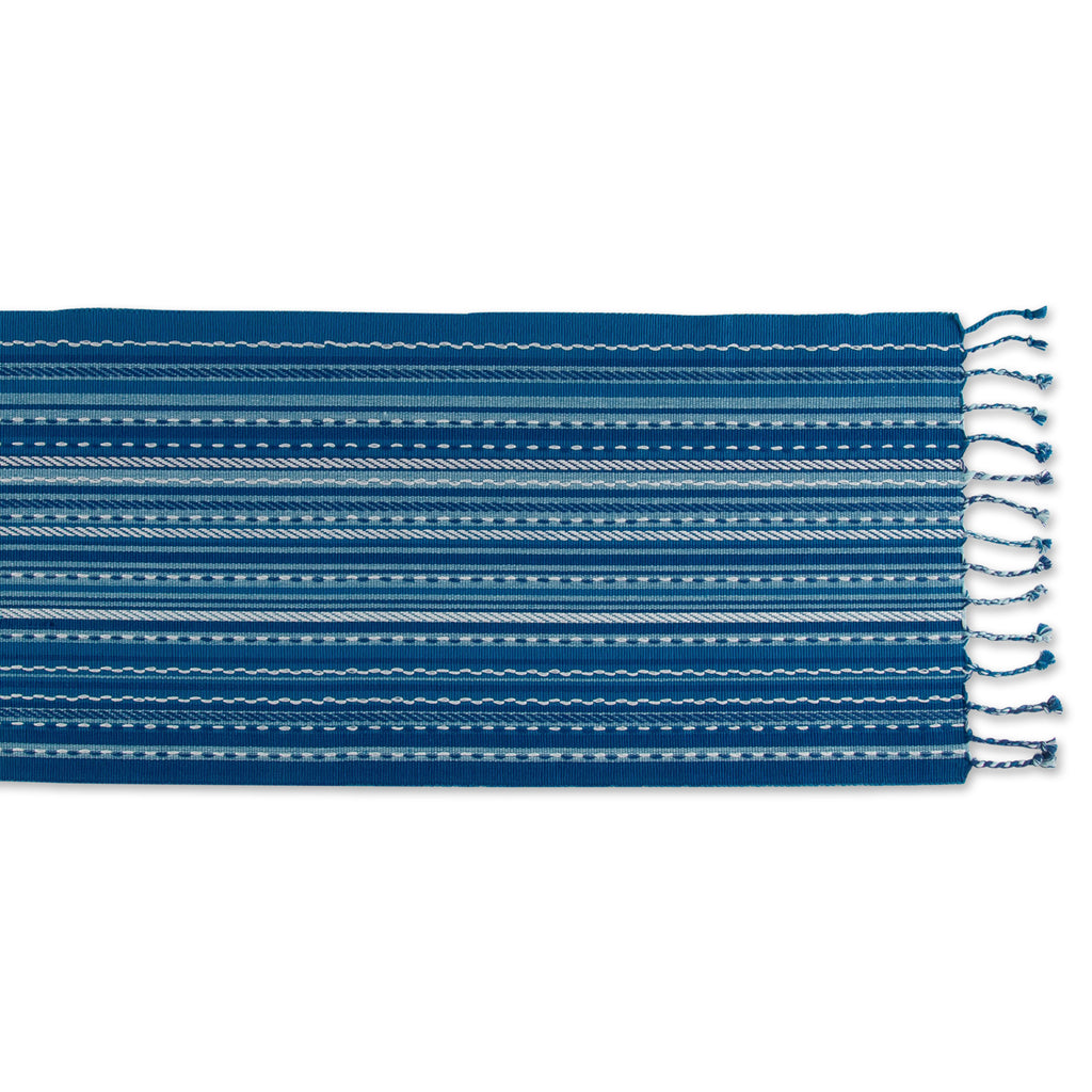 Blue Tonal Stripe With Fringe Table Runner 14x72