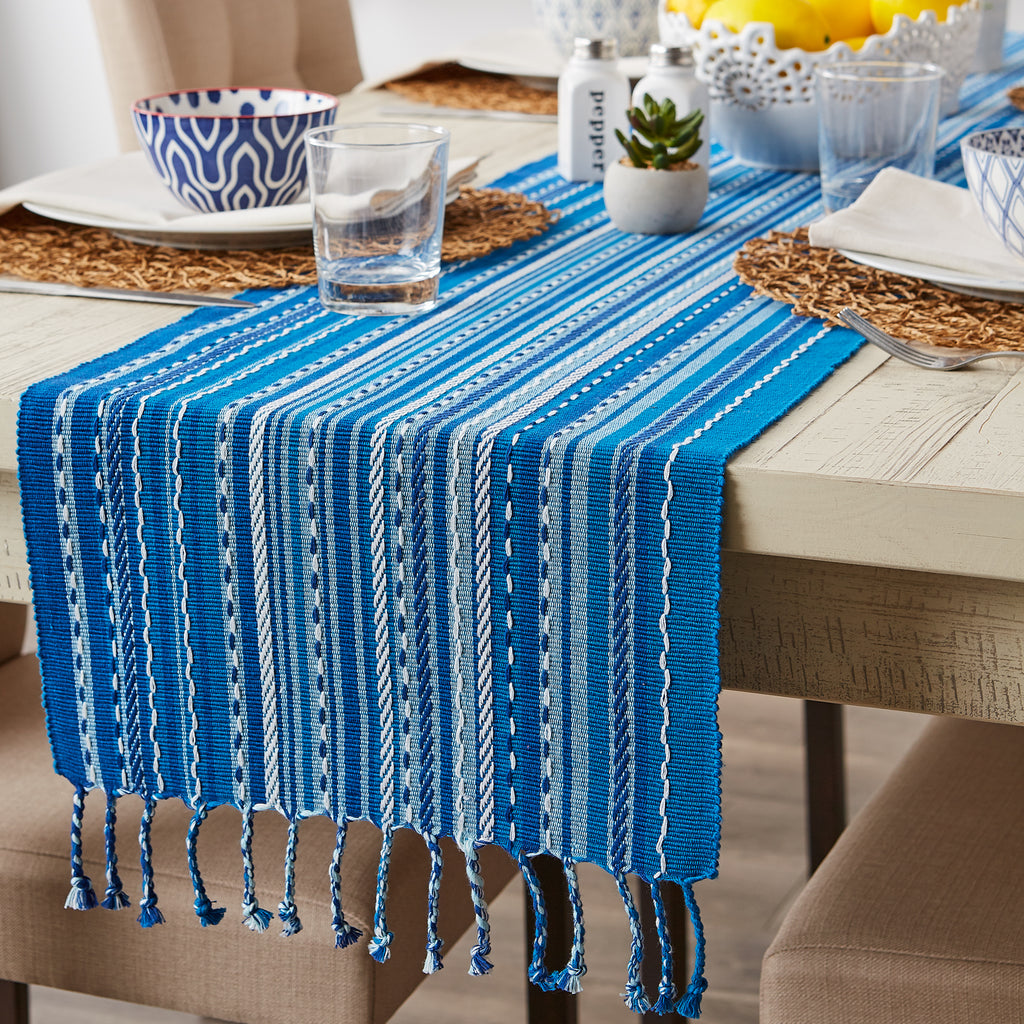 Blue Tonal Stripe With Fringe Table Runner 14x72