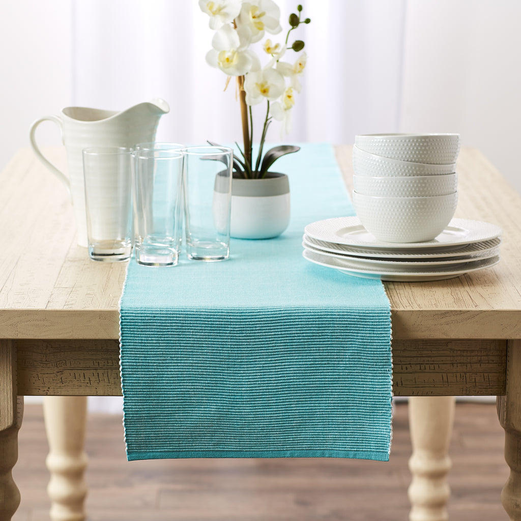 Aqua & White 2-Tone Ribbed Table Runner