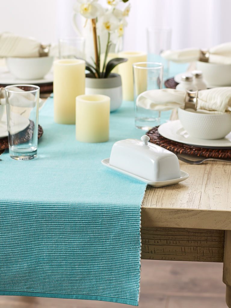 Aqua & White 2-Tone Ribbed Table Runner