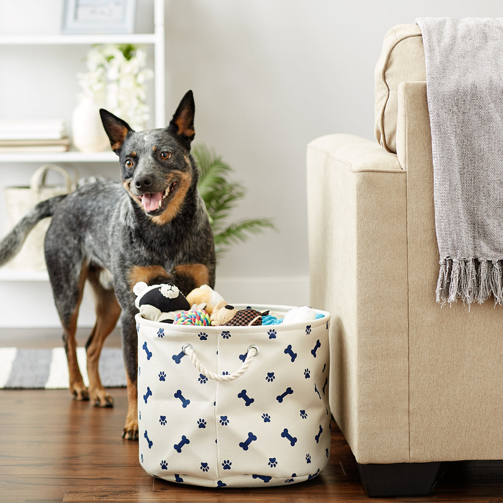 Polyester Pet Bin Paw & Bone Nautical Blue Round Medium