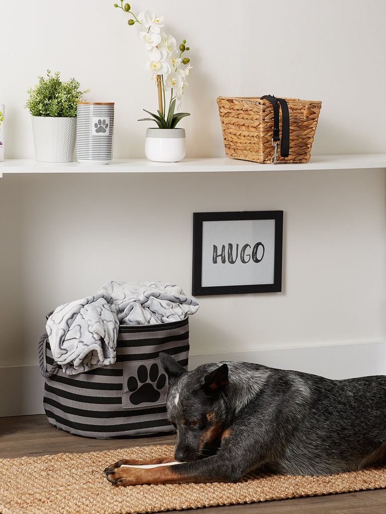 Polyester Pet Bin Stripe With Paw Patch Black Round Medium 12X15X15