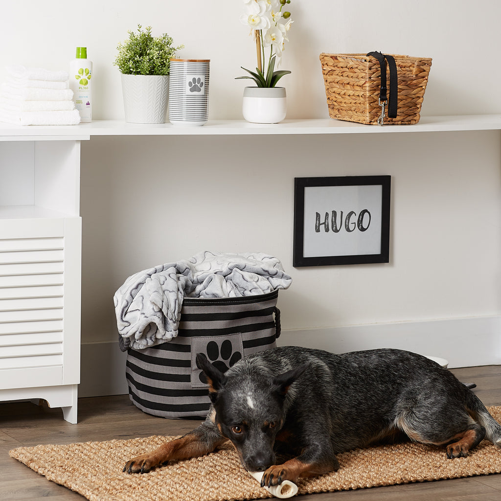 Polyester Pet Bin Stripe With Paw Patch Black Round Medium 12X15X15