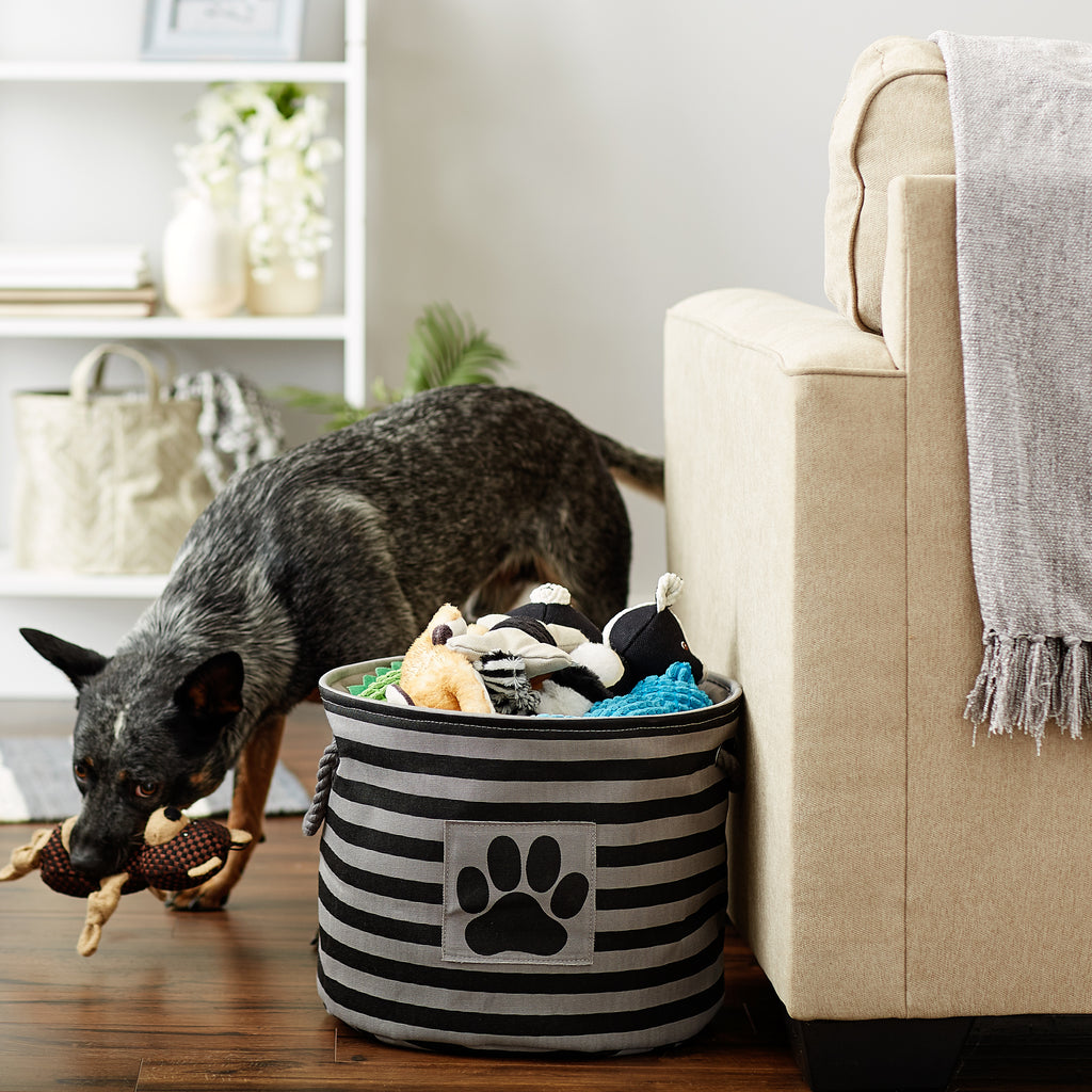 Polyester Pet Bin Stripe With Paw Patch Black Round Medium 12X15X15