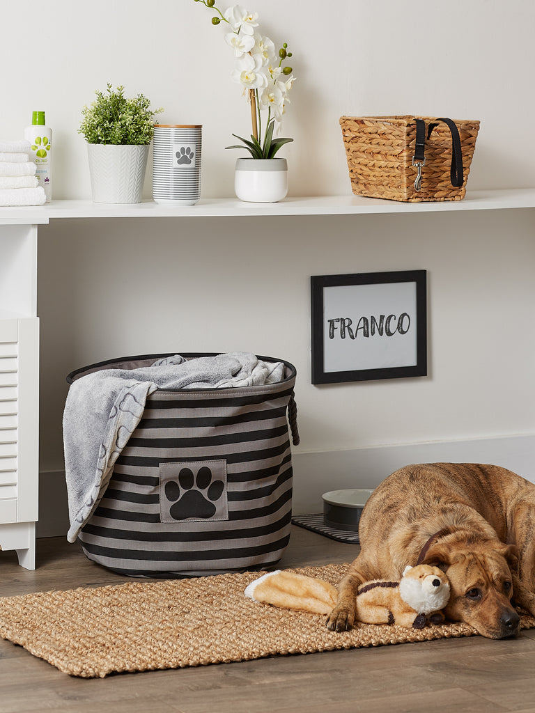 Polyester Pet Bin Stripe With Paw Patch Black Round Large 15X18X18