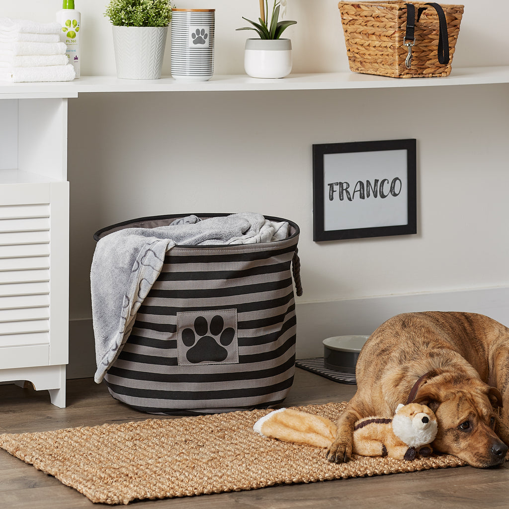 Polyester Pet Bin Stripe With Paw Patch Black Round Large 15X18X18