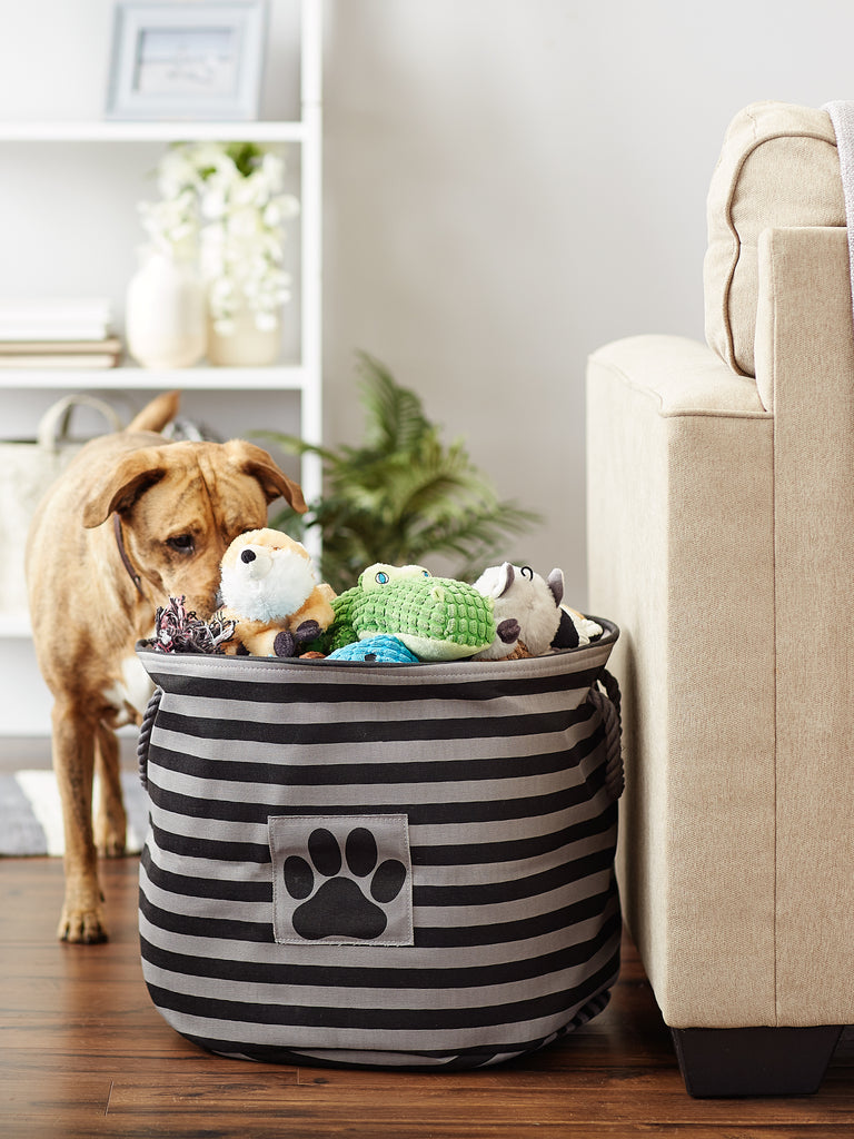 Polyester Pet Bin Stripe With Paw Patch Black Round Large 15X18X18